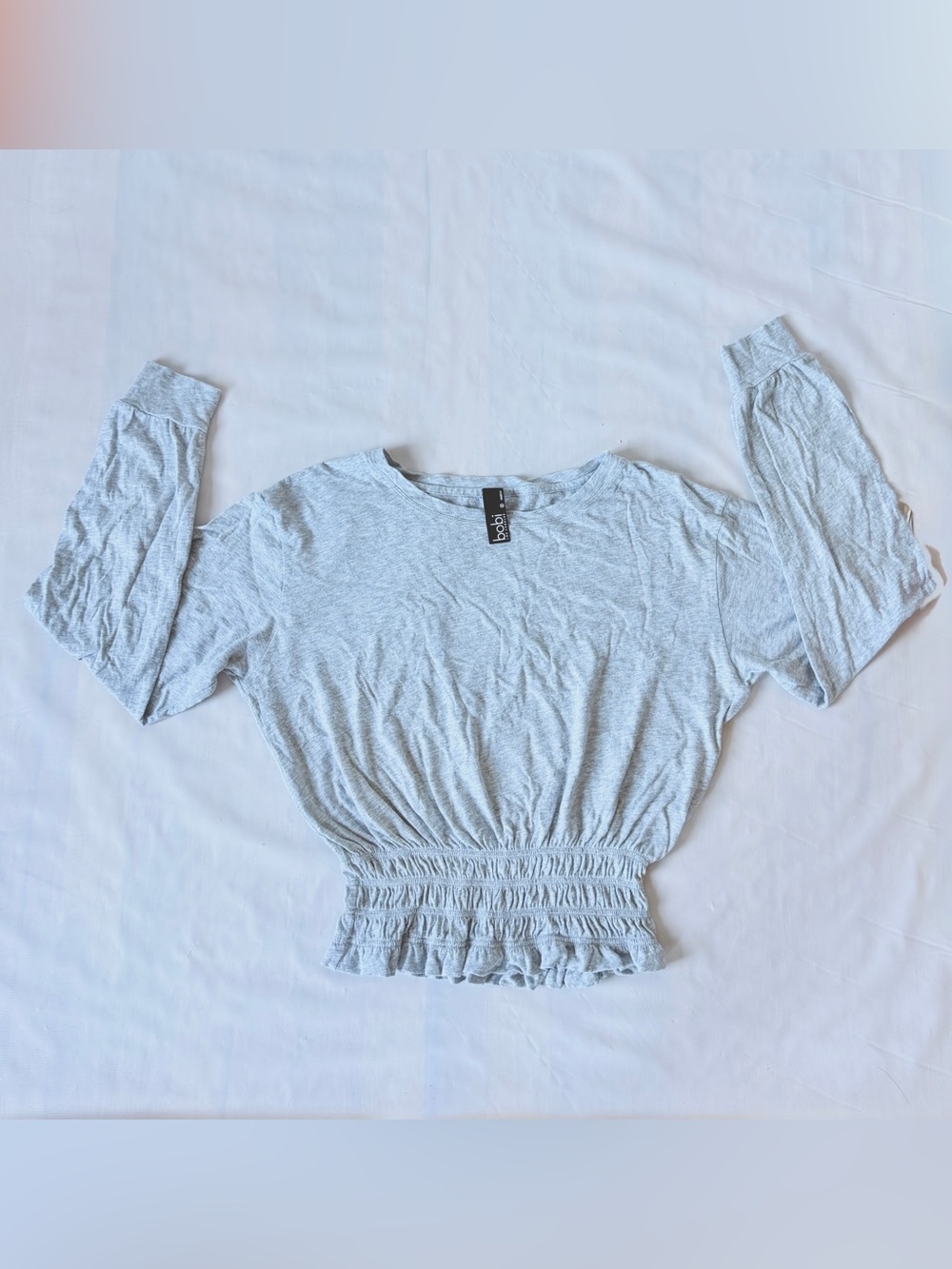 bobi Los Angeles cropped long sleeve top cinched waistband light grey cotton S
